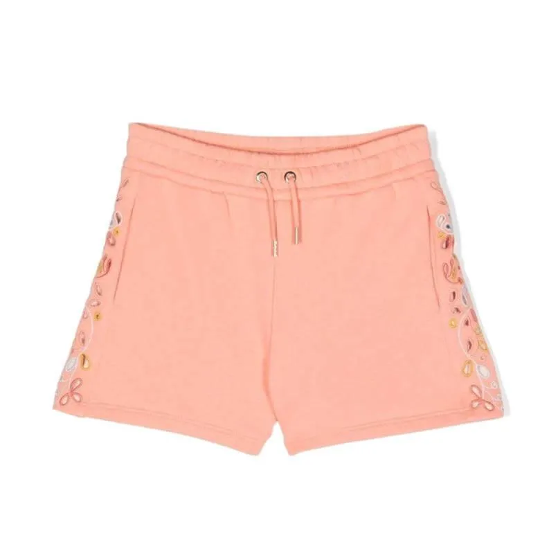 Girls Peach Embroidered Shorts
