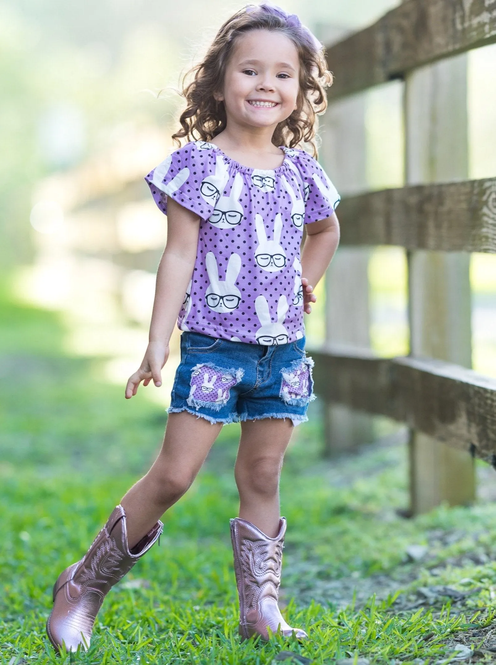 Girls Study Bunny Polka Dot Top and Denim Shorts Set