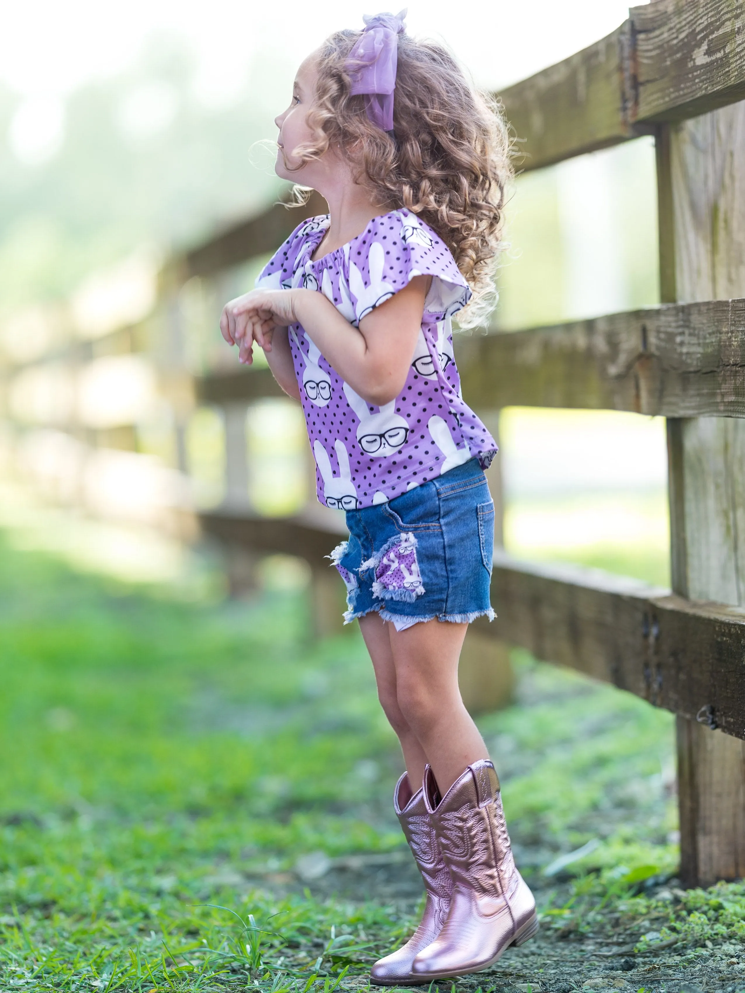 Girls Study Bunny Polka Dot Top and Denim Shorts Set