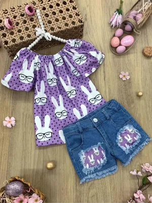 Girls Study Bunny Polka Dot Top and Denim Shorts Set