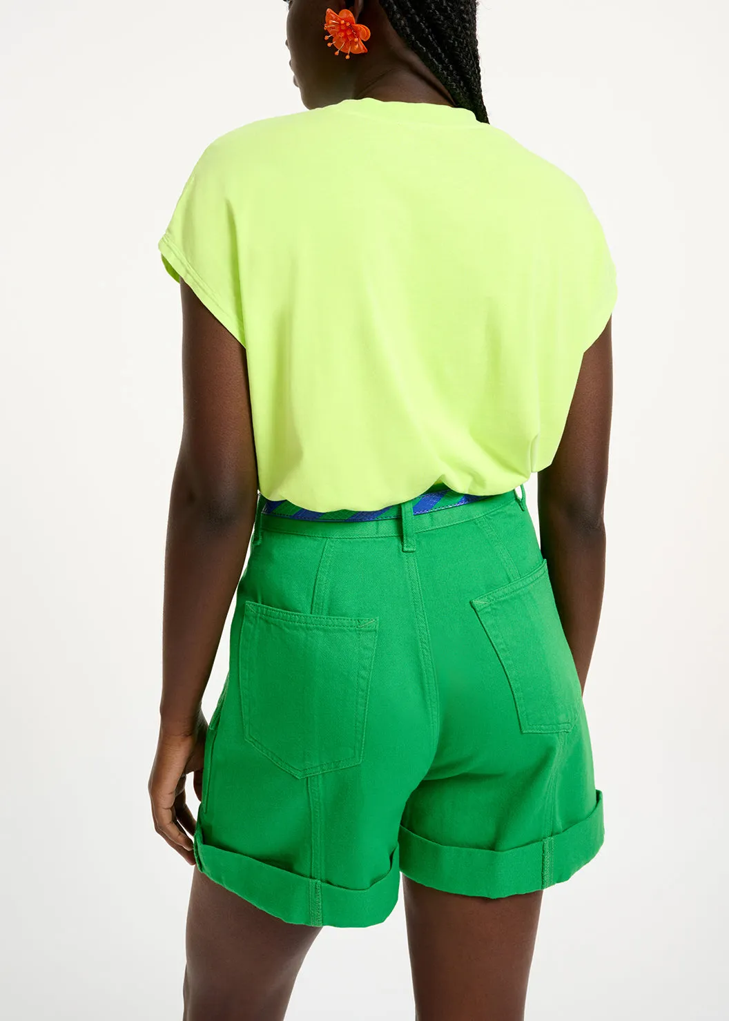 Green denim cargo shorts