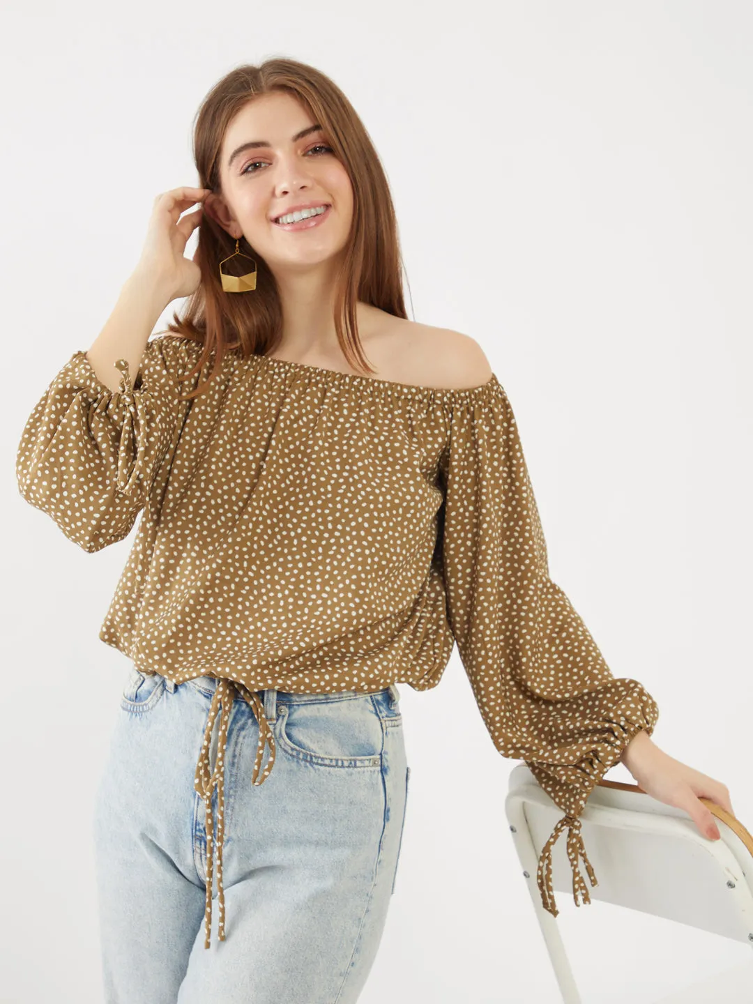 Green Printed Off-shoulder Top
