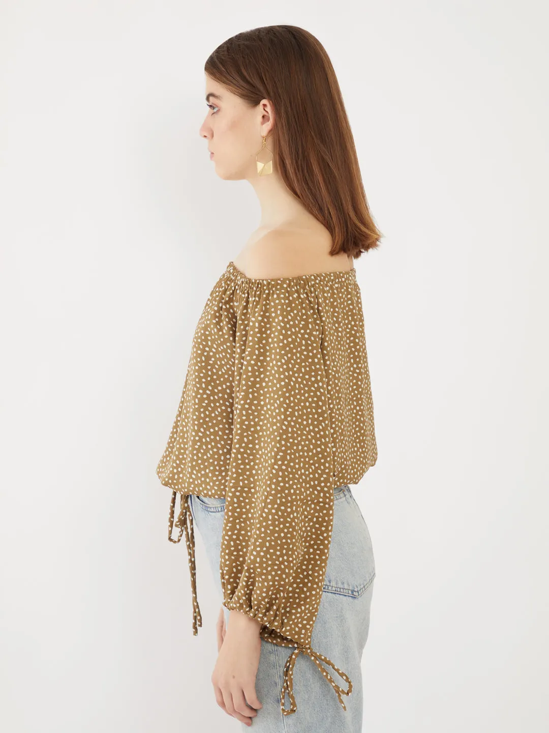 Green Printed Off-shoulder Top