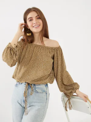 Green Printed Off-shoulder Top