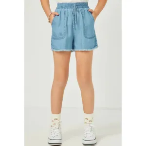 Hayden Girls Distressed Hem Light Wash Pocket Shorts