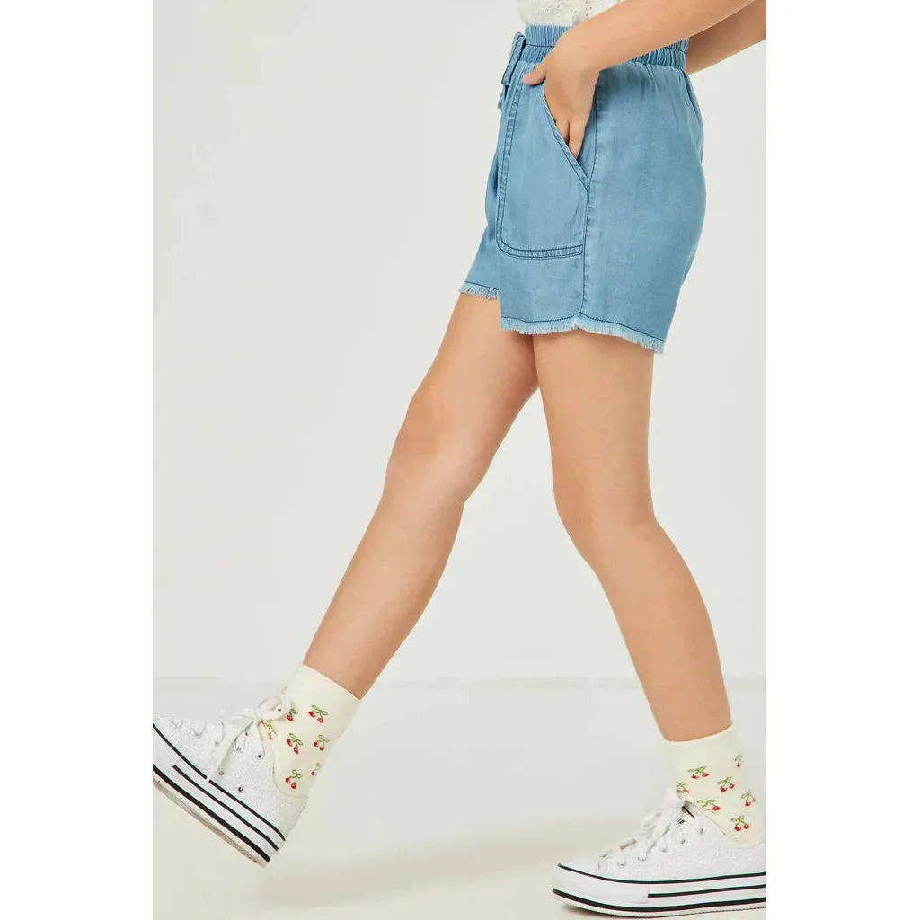 Hayden Girls Distressed Hem Light Wash Pocket Shorts