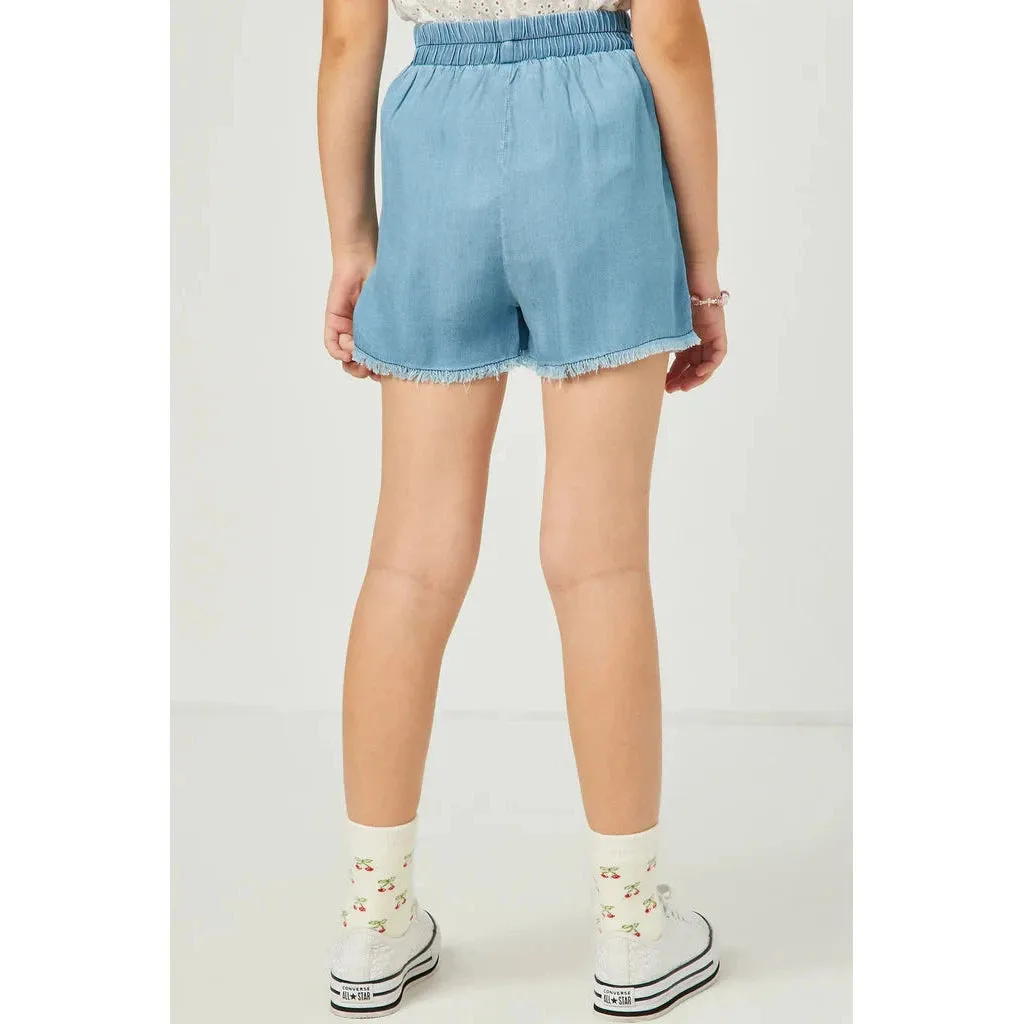 Hayden Girls Distressed Hem Light Wash Pocket Shorts