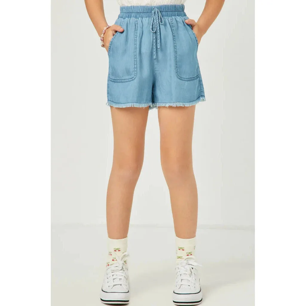 Hayden Girls Distressed Hem Light Wash Pocket Shorts