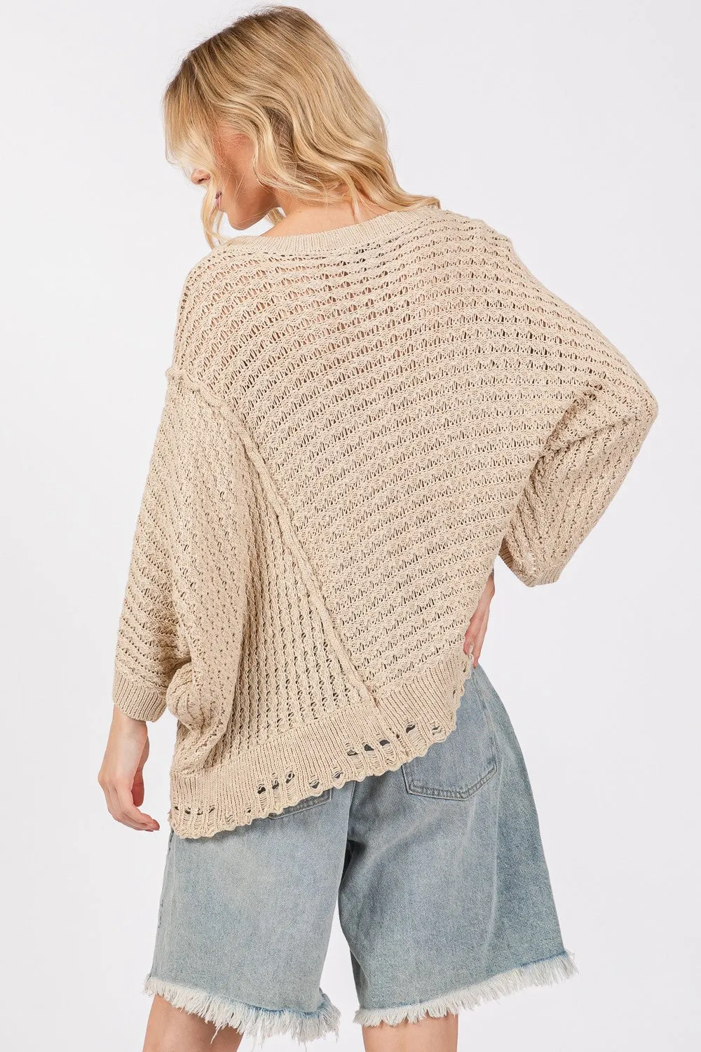 Hazel Blues® |  SAGE   FIG Distressed Asymmetrical Open Stitch Sweater