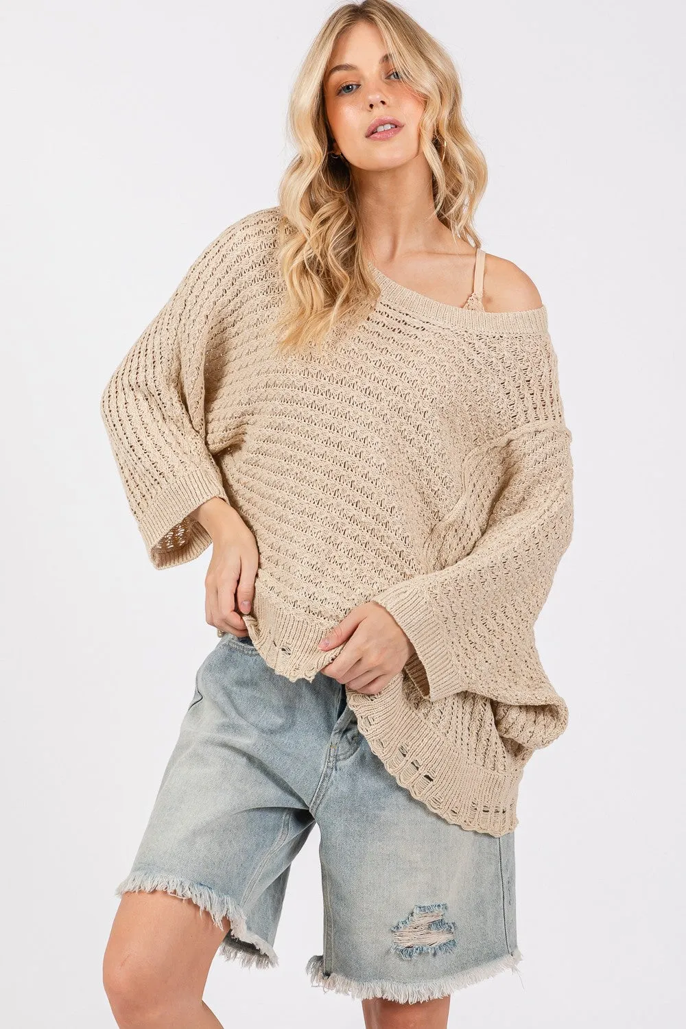Hazel Blues® |  SAGE   FIG Distressed Asymmetrical Open Stitch Sweater