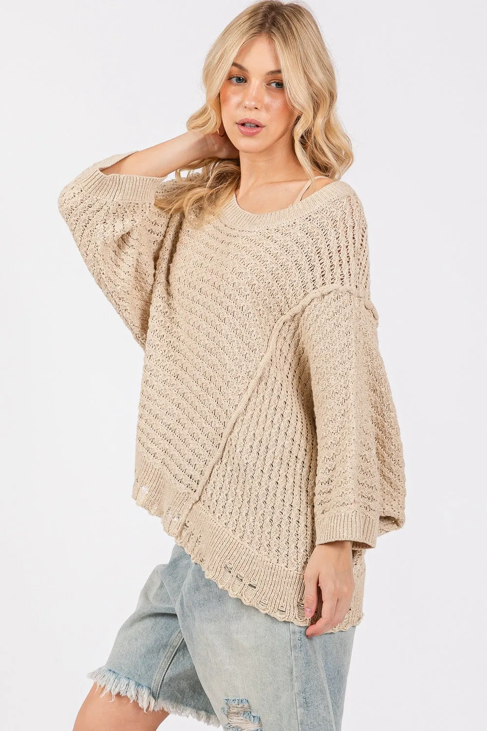 Hazel Blues® |  SAGE   FIG Distressed Asymmetrical Open Stitch Sweater