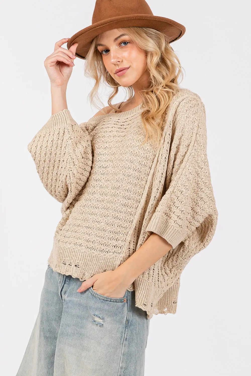 Hazel Blues® |  SAGE   FIG Distressed Asymmetrical Open Stitch Sweater