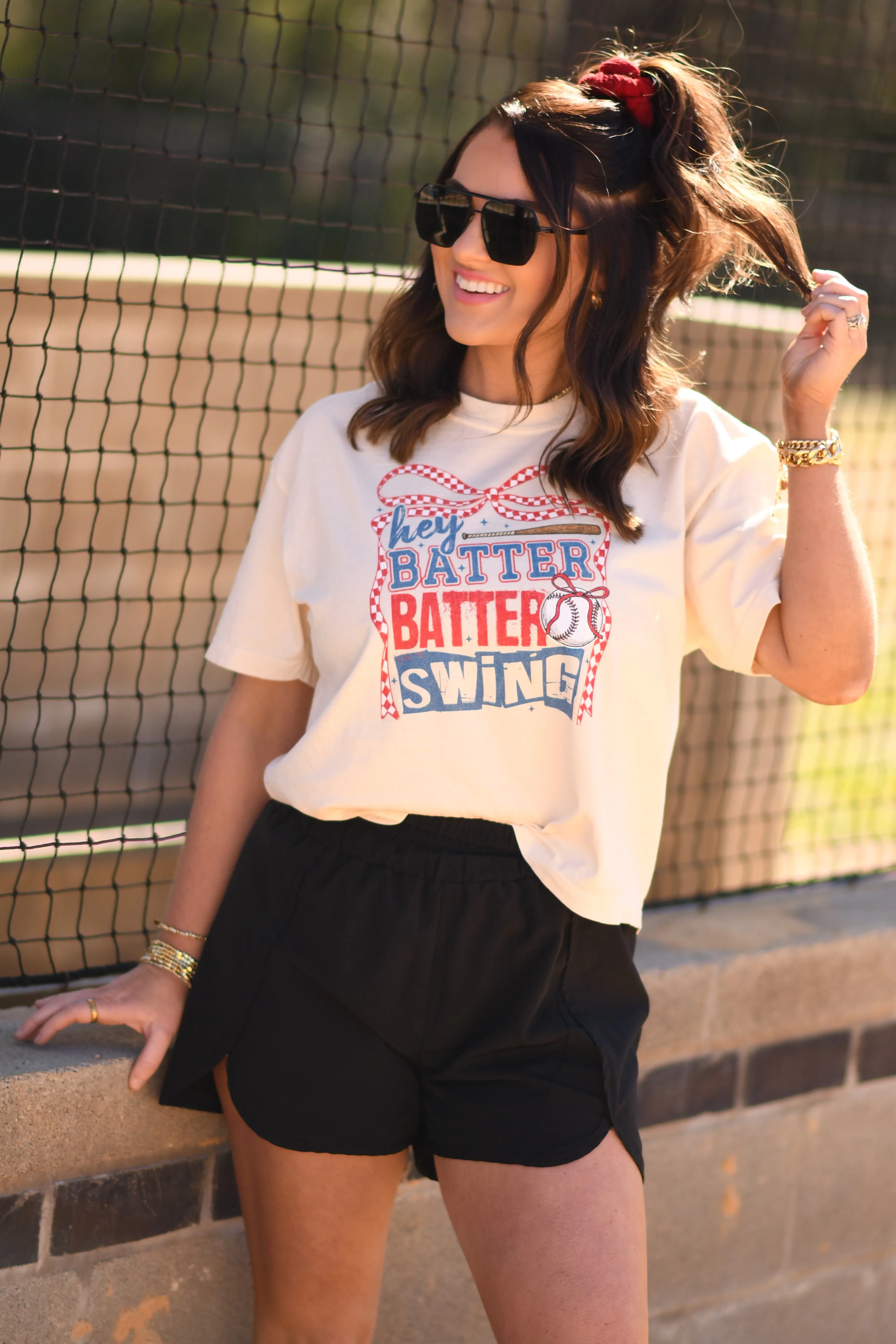 Hey Batter Batter Swing Checkered Bow Crop/Tee