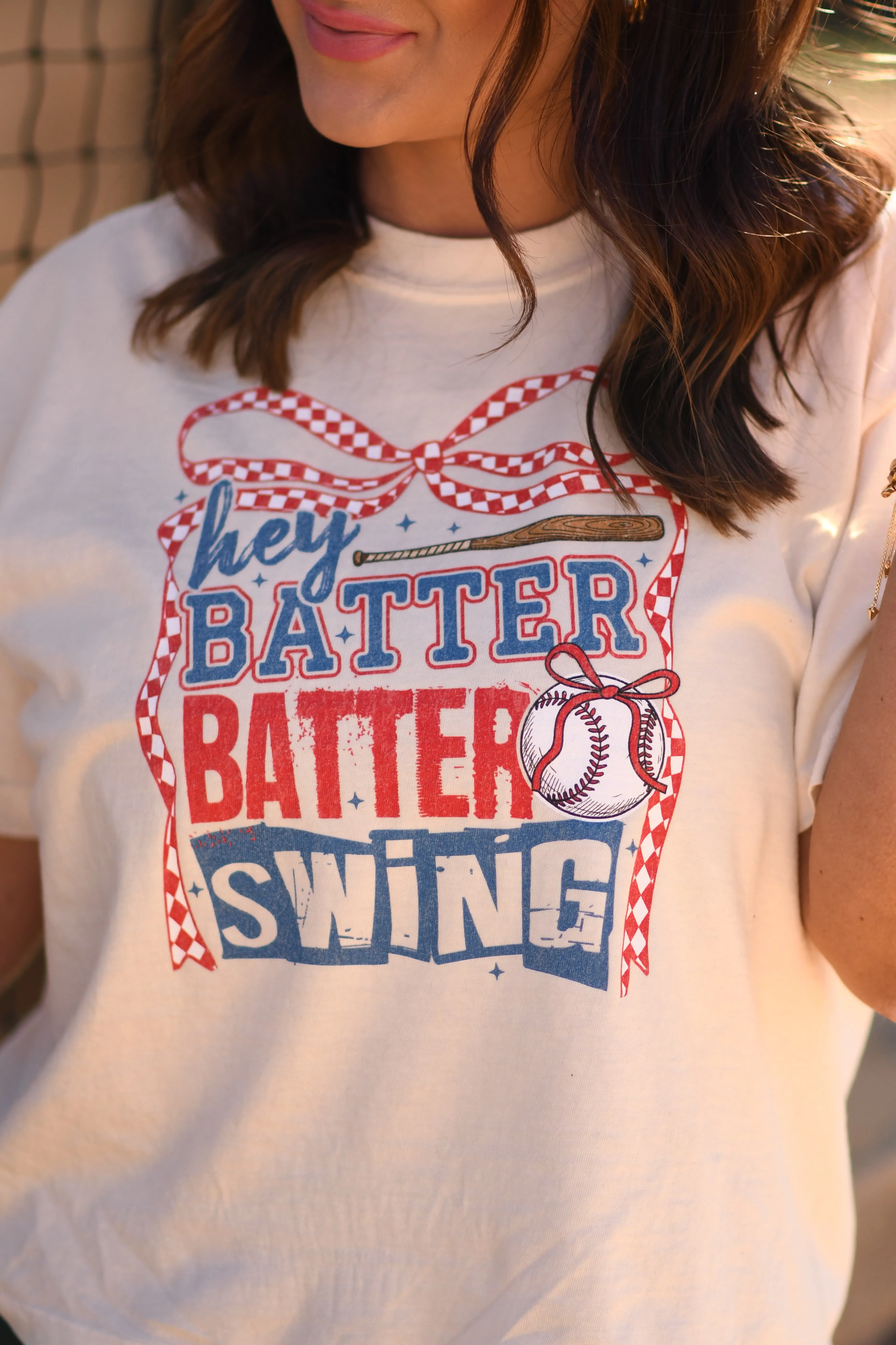 Hey Batter Batter Swing Checkered Bow Crop/Tee