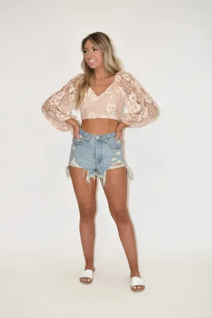 High Waisted Distressed Light Wash Denim Shorts