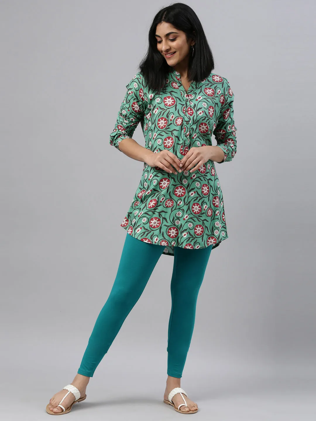 Jade Green Cotton Stretch Ankle Length Leggings