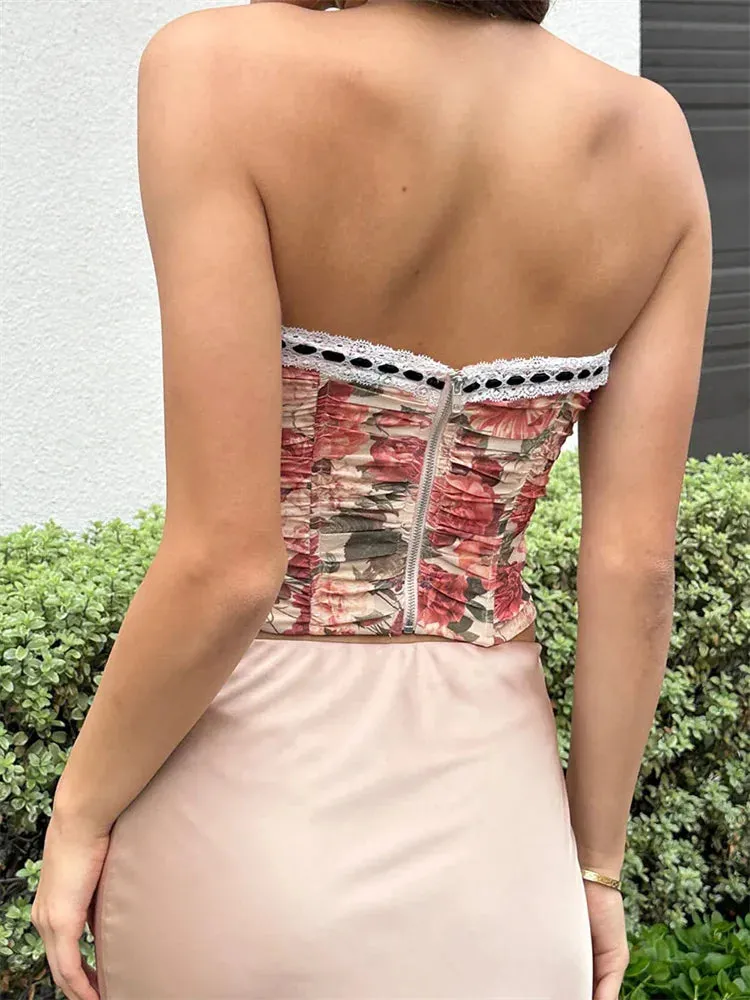 JazzHer 2024 Floral Print Lace Trim Off Shoulder Slim Tank Party Streetwear Tube Tops