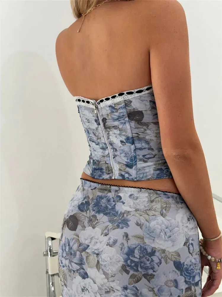JazzHer 2024 Floral Print Lace Trim Off Shoulder Slim Tank Party Streetwear Tube Tops