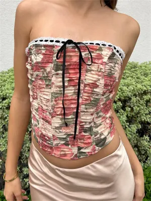 JazzHer 2024 Floral Print Lace Trim Off Shoulder Slim Tank Party Streetwear Tube Tops