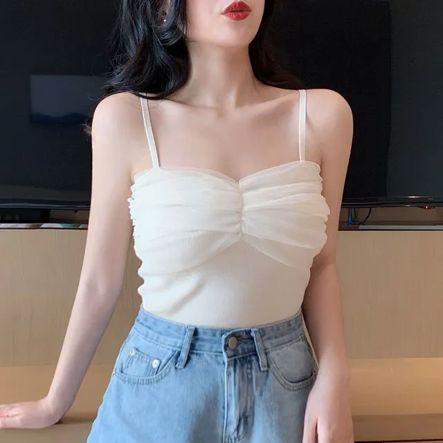 Kawaii Plicated Mesh Splice Tank Top