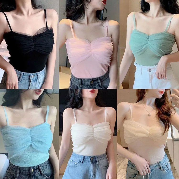 Kawaii Plicated Mesh Splice Tank Top