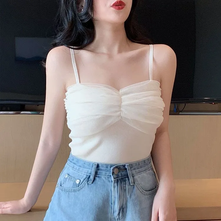 Kawaii Plicated Mesh Splice Tank Top