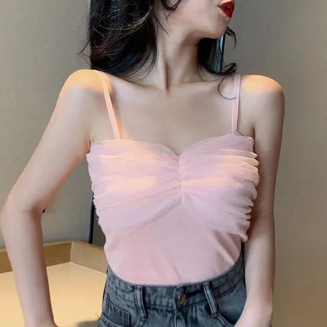 Kawaii Plicated Mesh Splice Tank Top