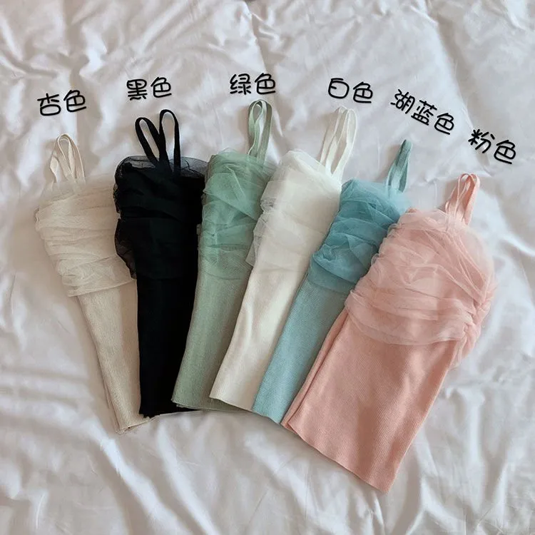 Kawaii Plicated Mesh Splice Tank Top