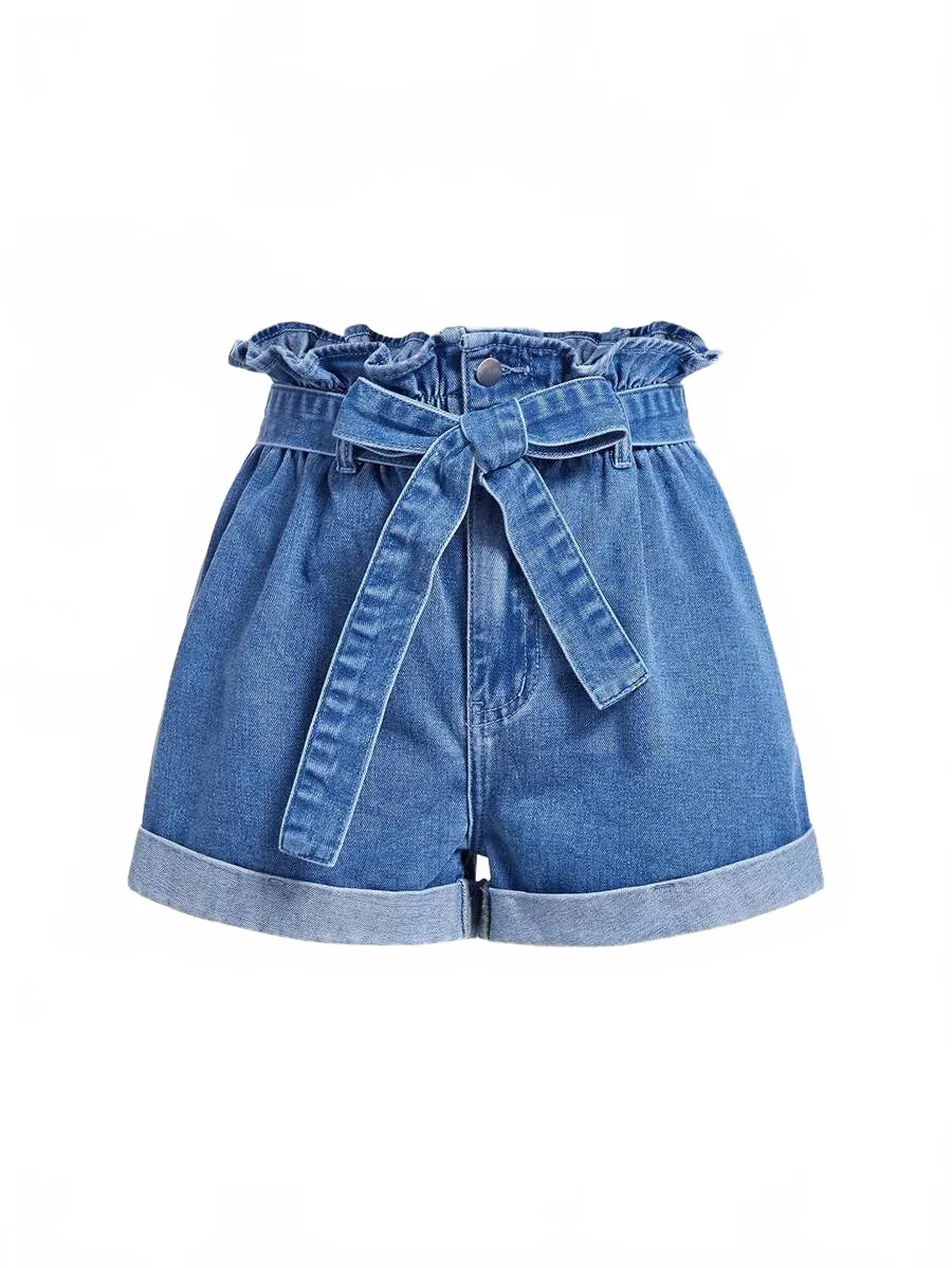 Kaylie Denim Shorts Women High-Waist Tie Belted in Blue