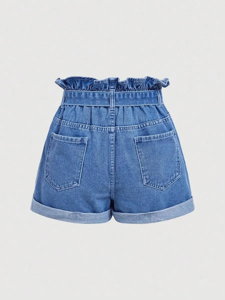 Kaylie Denim Shorts Women High-Waist Tie Belted in Blue