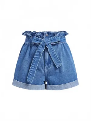 Kaylie Denim Shorts Women High-Waist Tie Belted in Blue