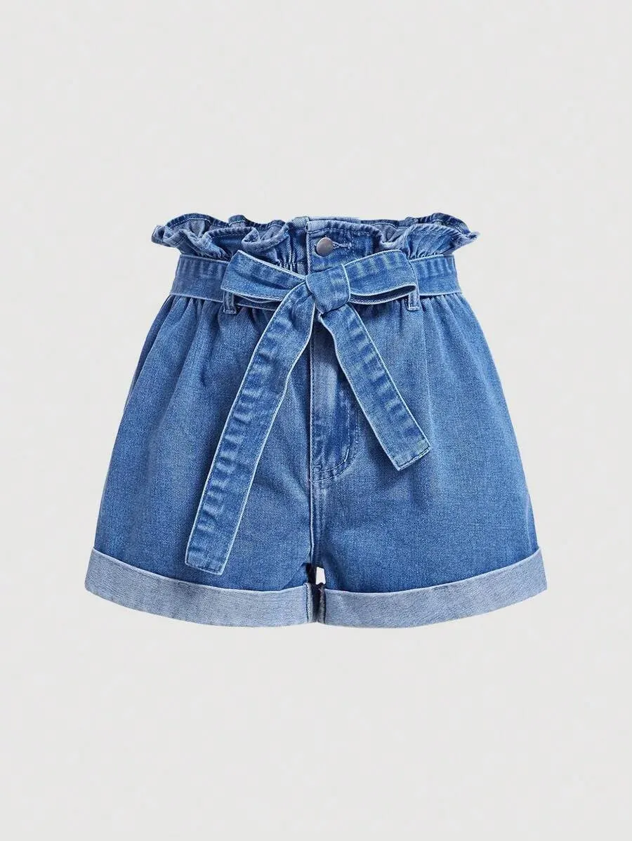 Kaylie Denim Shorts Women High-Waist Tie Belted in Blue