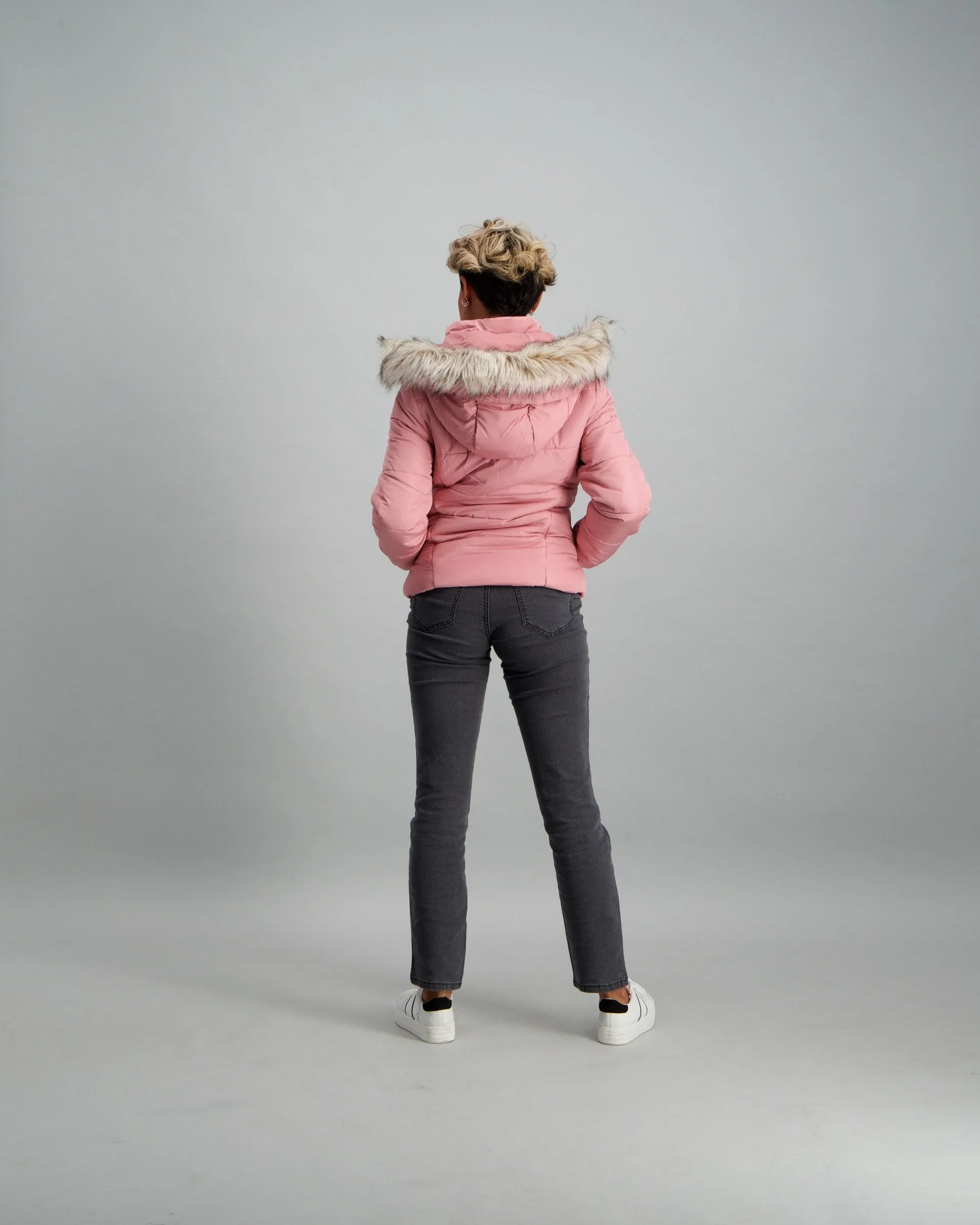 Ladies Fur Trim Puffer Jacket - Blush