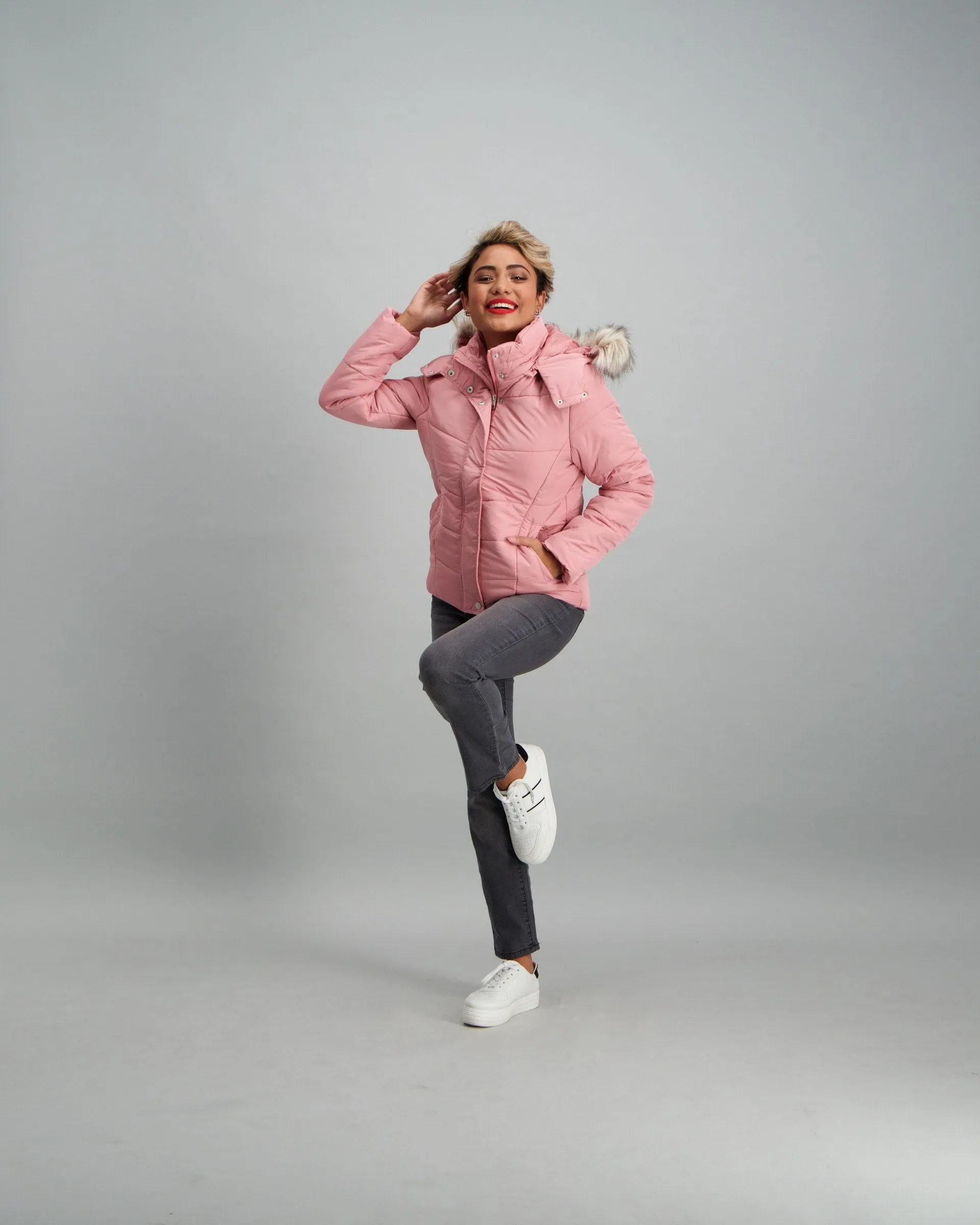 Ladies Fur Trim Puffer Jacket - Blush