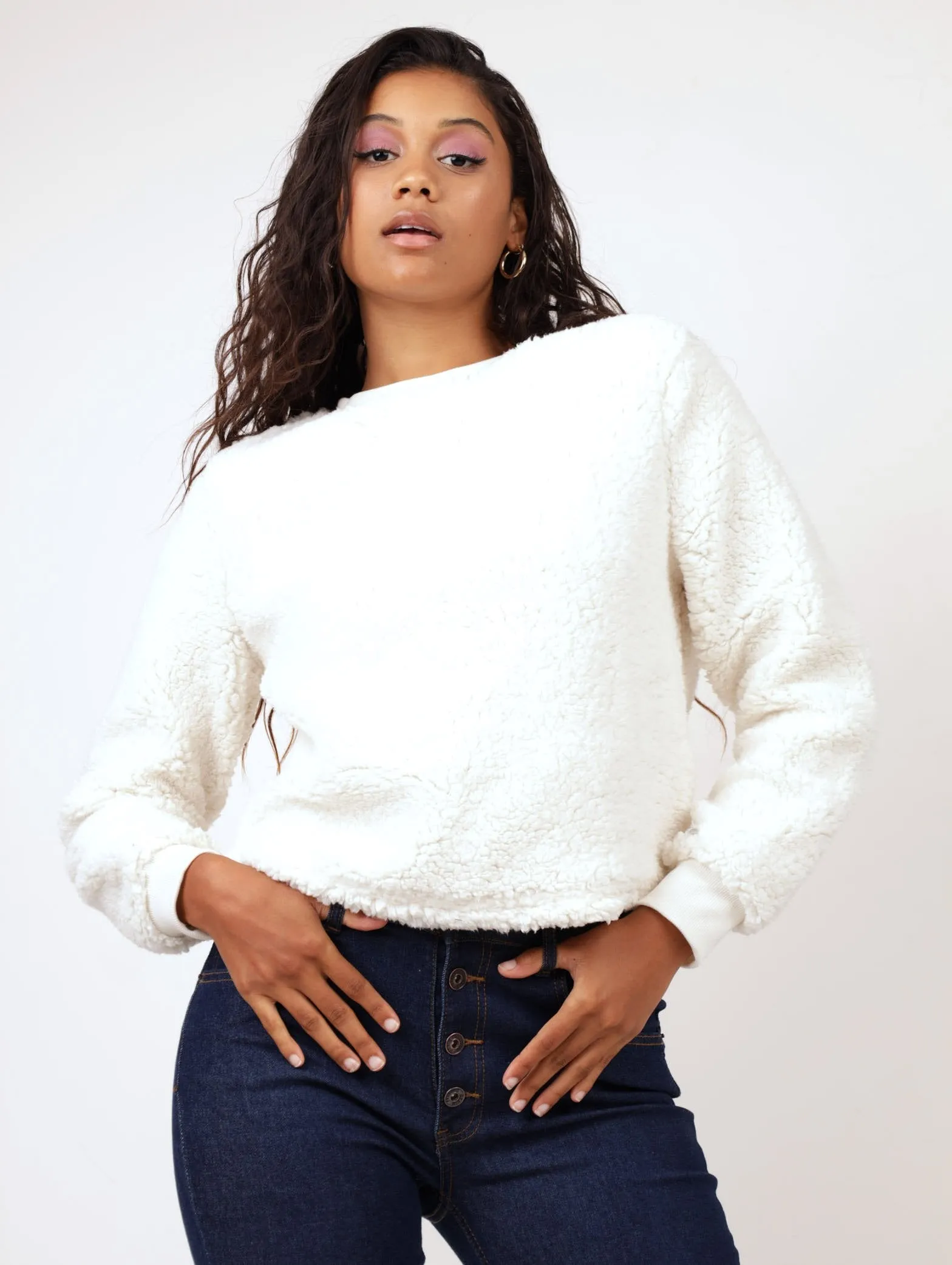 Ladies Teddy Fleece Crew Pullover - Cream