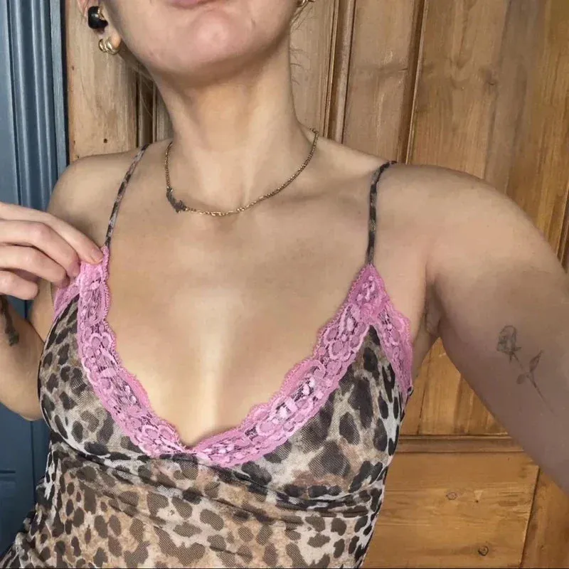 Leopard Print Lace Patchwork Fairy Coquette Retro Mesh Sheer Sleeveless Crop Top
