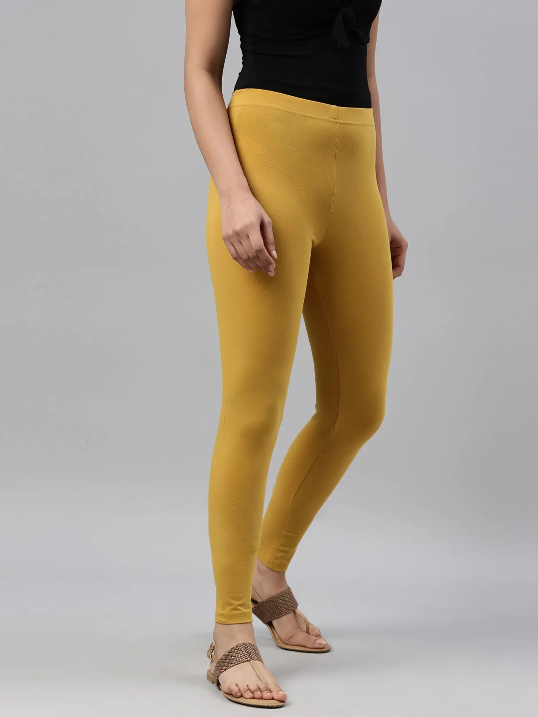 Light Mustard Cotton Stretch Ankle Length Leggings