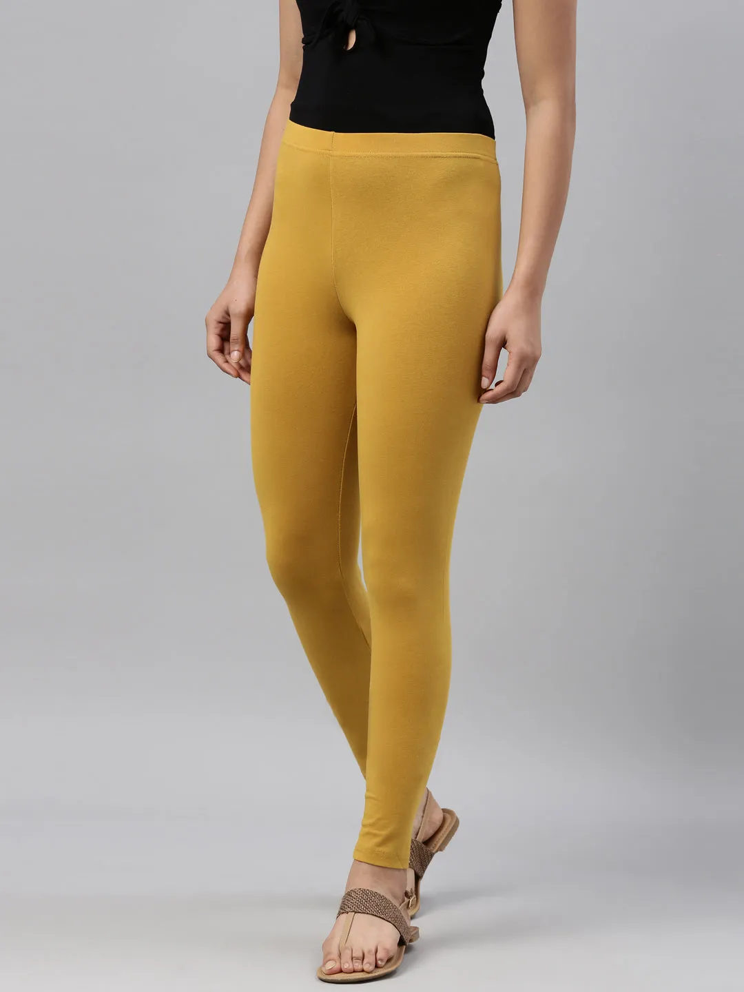Light Mustard Cotton Stretch Ankle Length Leggings