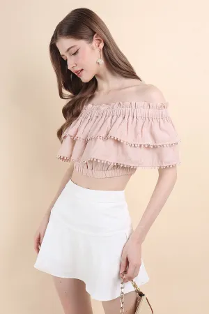 LINDSAY POM POM OFFSIE TOP IN PINK BEIGE
