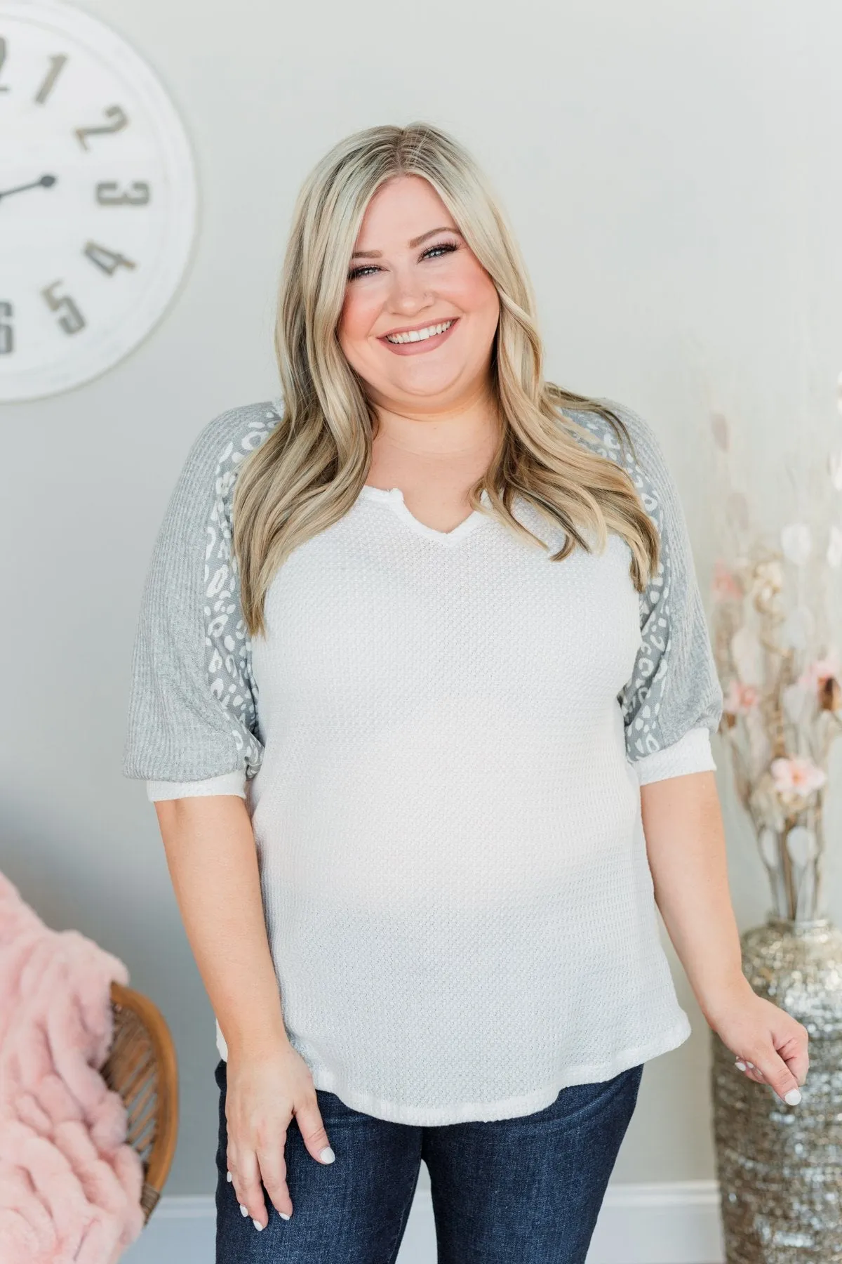 Living For Love Leopard Color Block Top- Off White & Grey