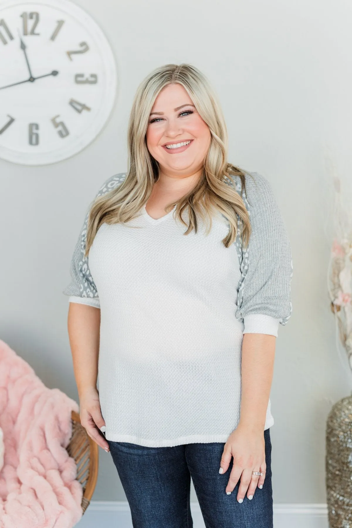 Living For Love Leopard Color Block Top- Off White & Grey