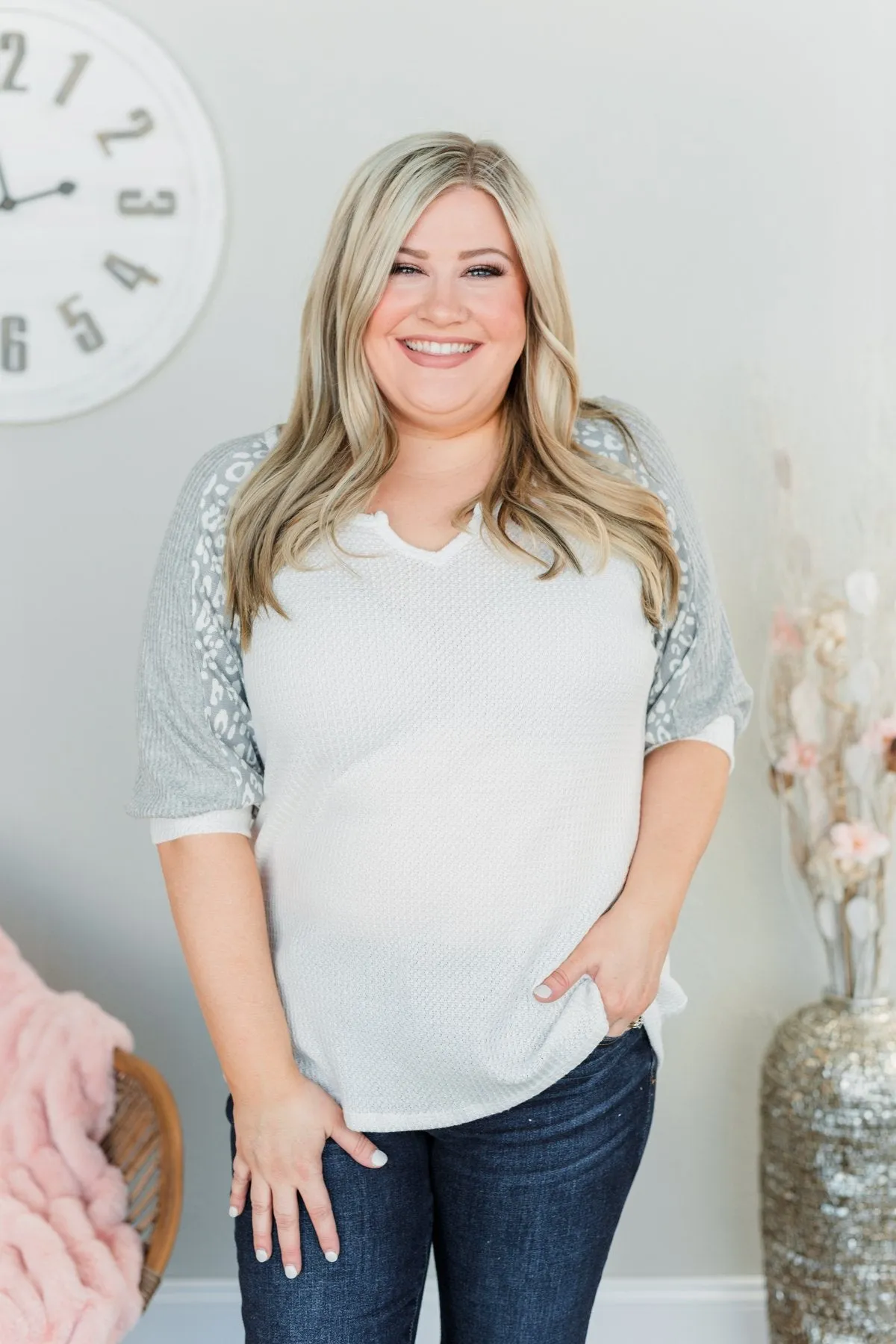 Living For Love Leopard Color Block Top- Off White & Grey