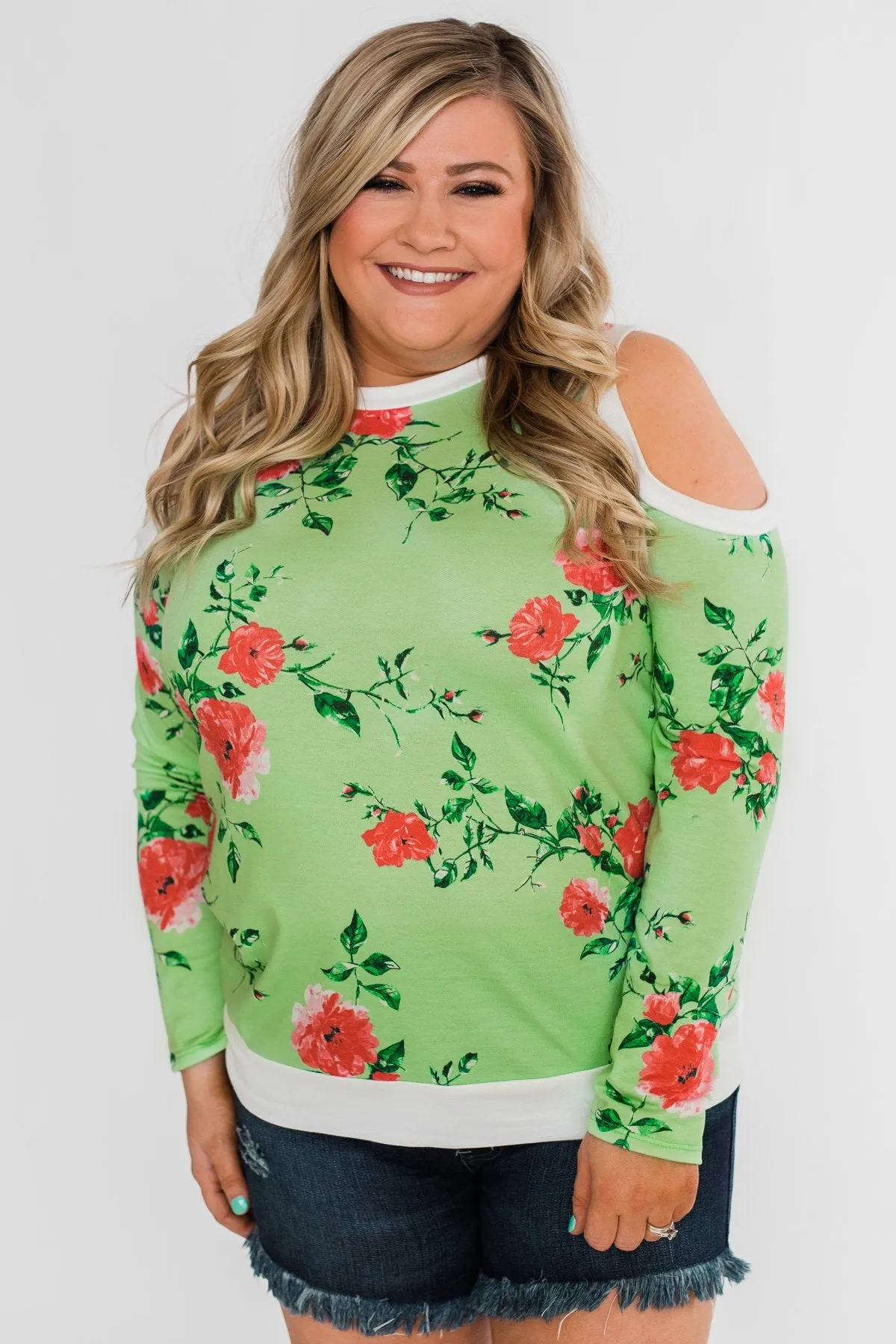 Made to Stand Out Floral Cold Shoulder Top- Shamrock Green