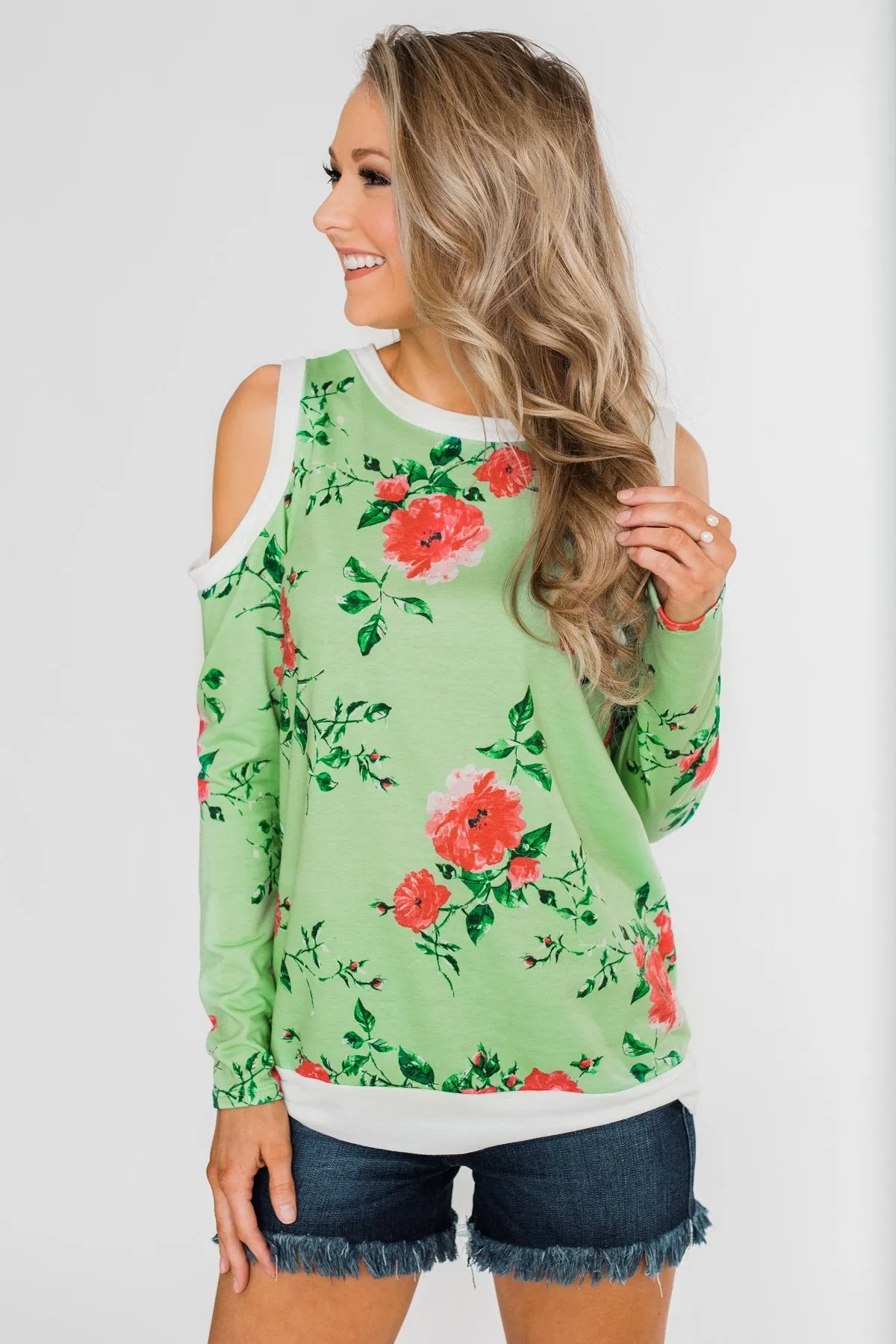 Made to Stand Out Floral Cold Shoulder Top- Shamrock Green