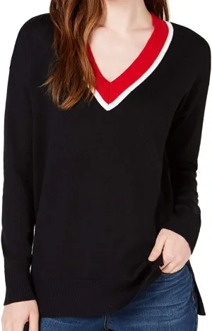 Maison Jules Contrast-Trim Tunic Sweater, C Black Combo L