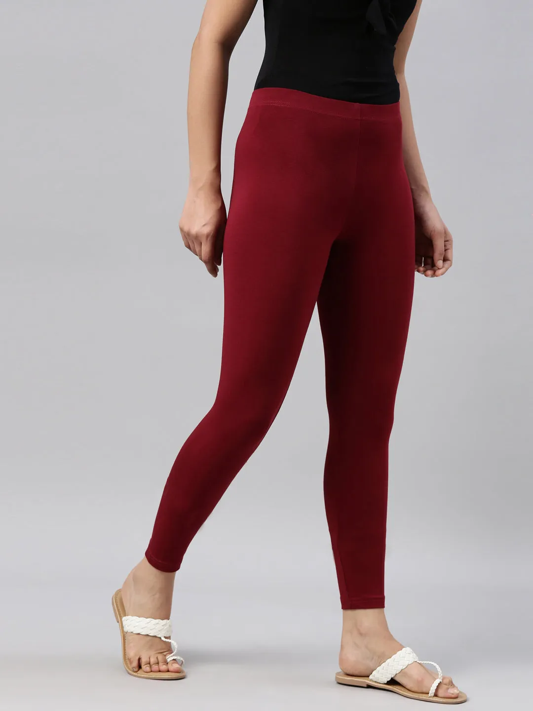 Maroon Cotton Stretch Ankle Length Leggings
