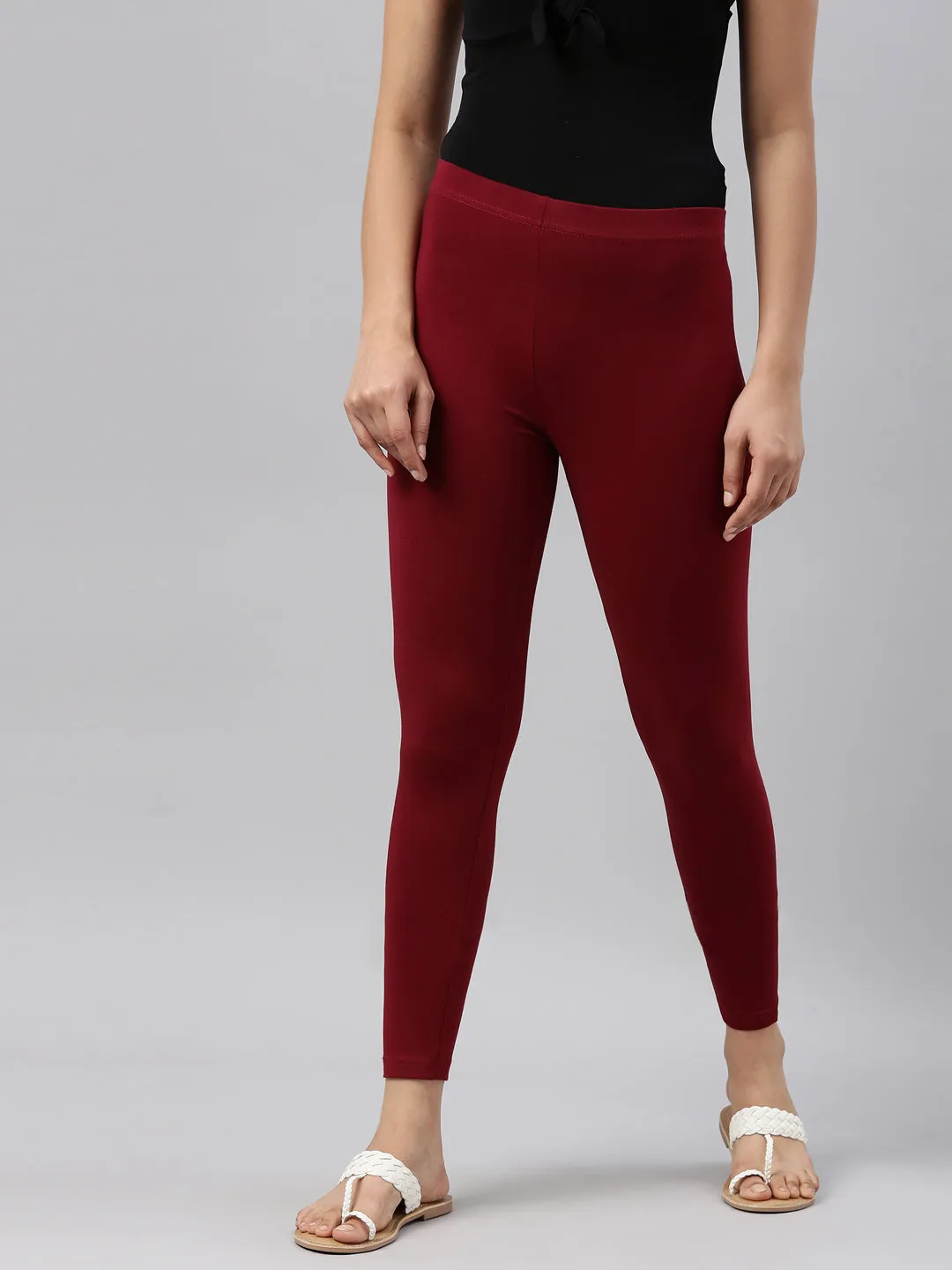 Maroon Cotton Stretch Ankle Length Leggings