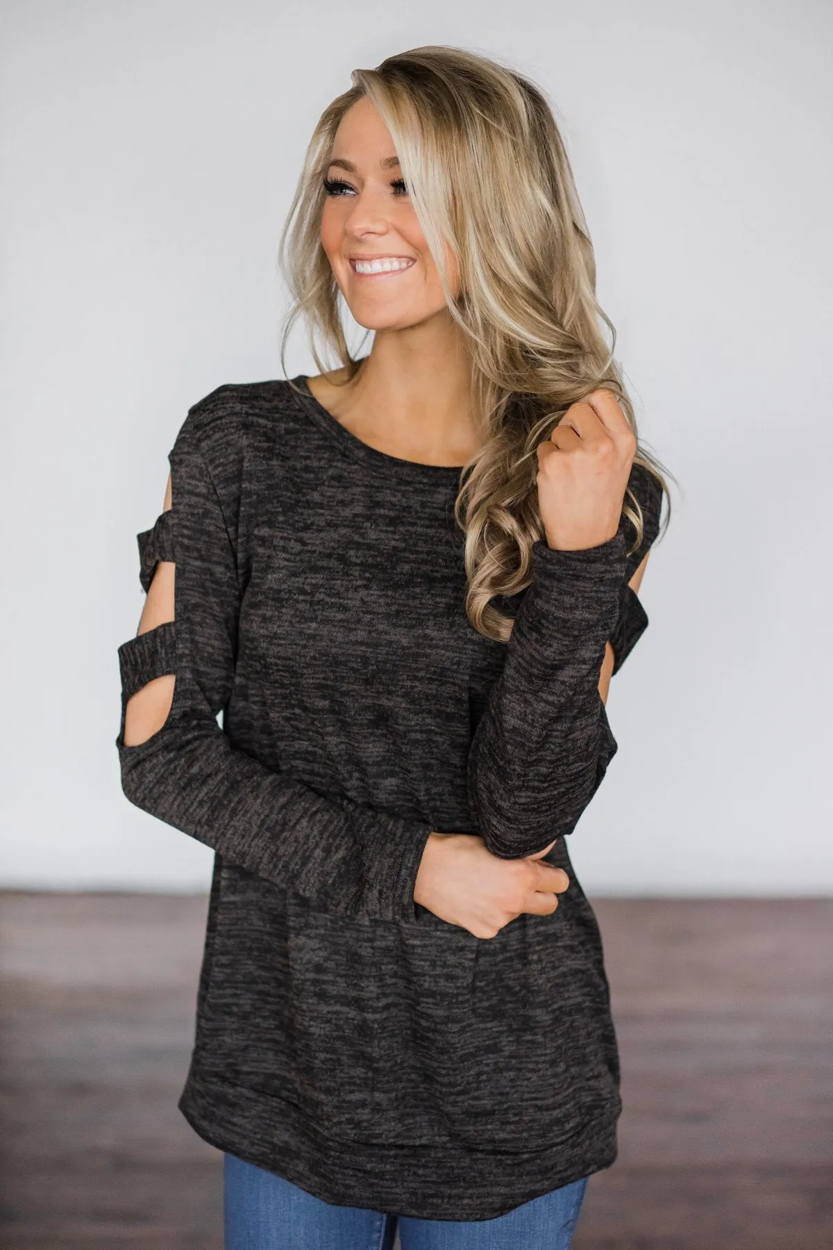Meet Me Halfway Cold-Shoulder Top ~ Charcoal
