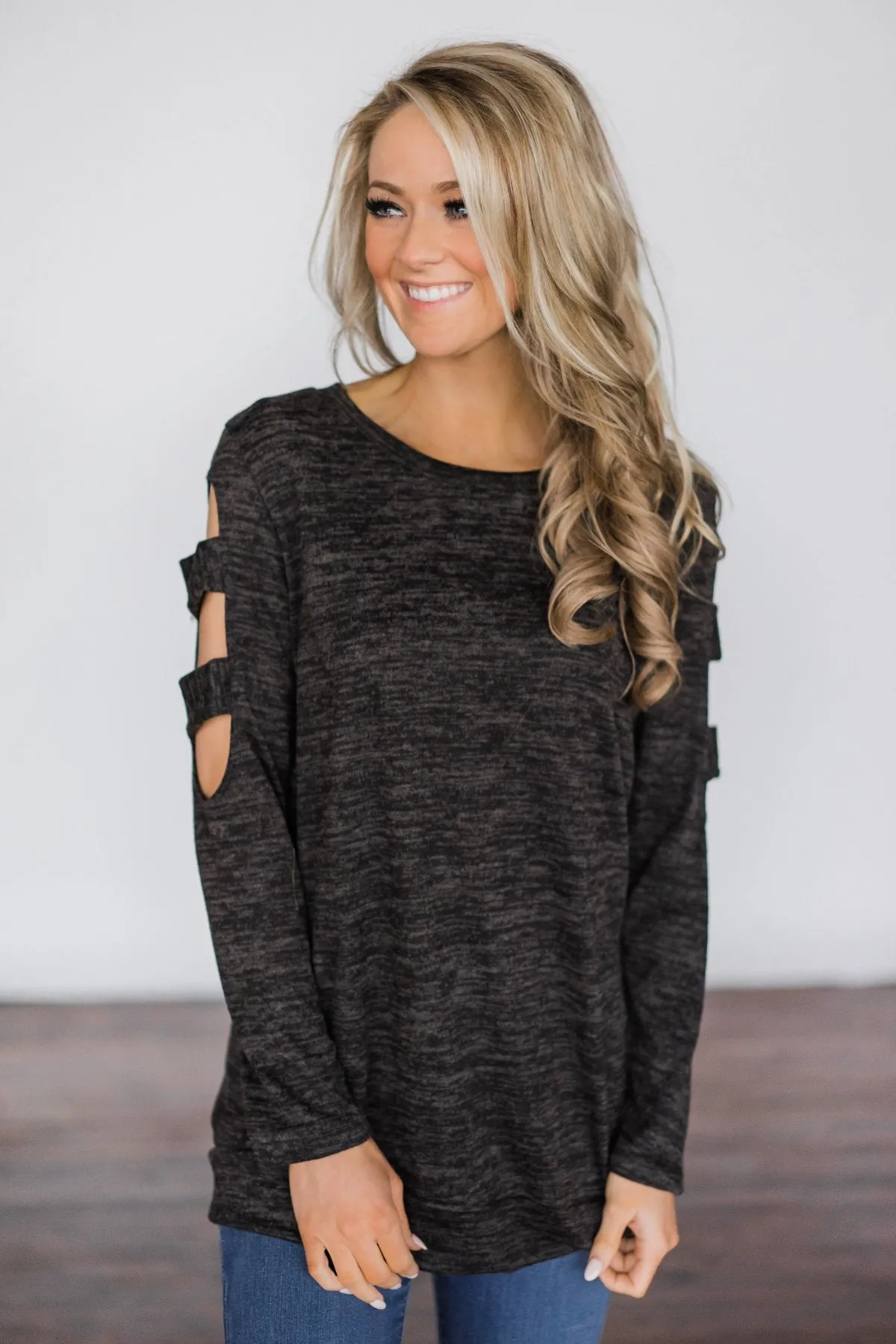 Meet Me Halfway Cold-Shoulder Top ~ Charcoal