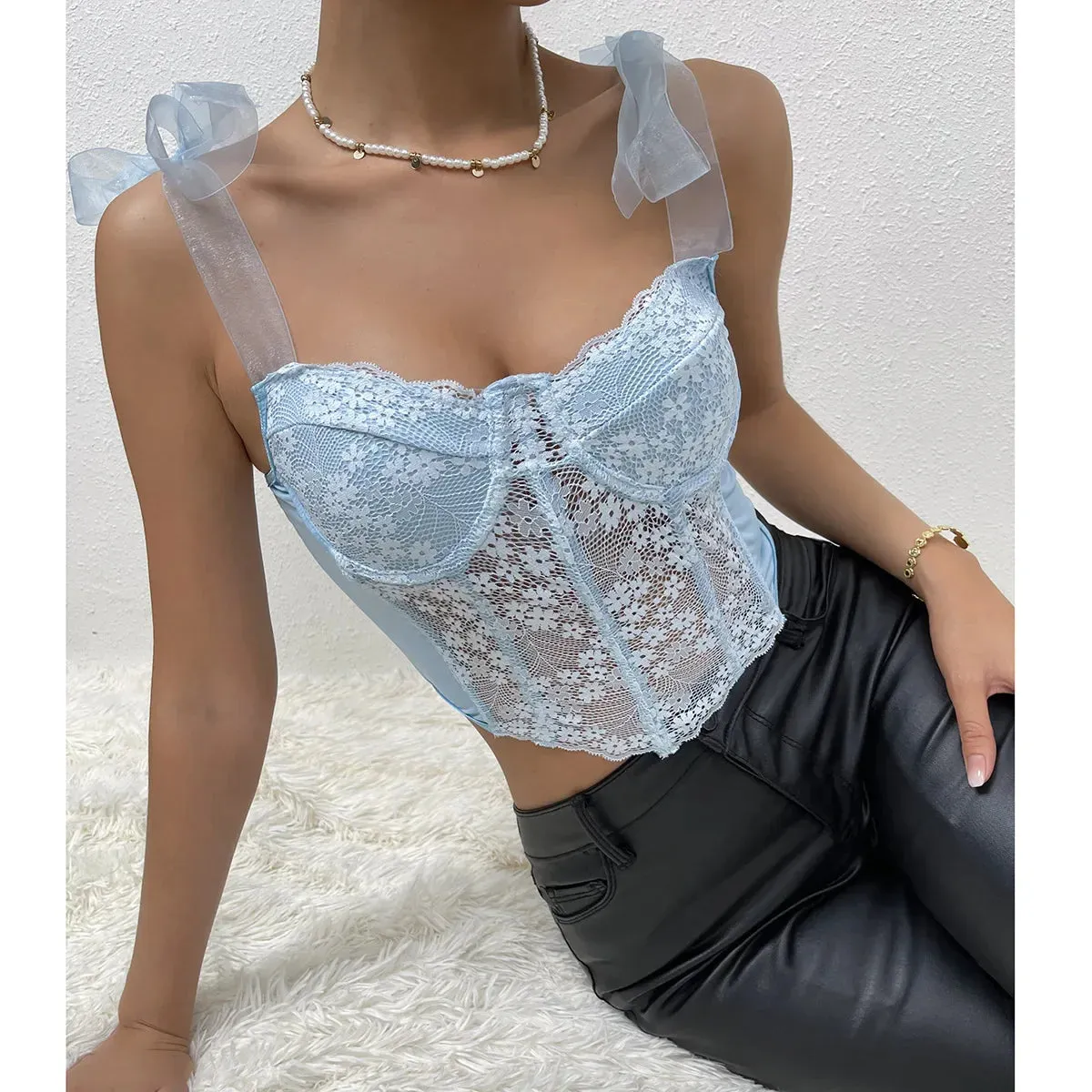 Mesh Bow Floral Corset Fishbone Crop Top
